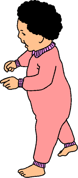 The image shows a cartoon of an animated child walking with its arms outstretched against a plain background.