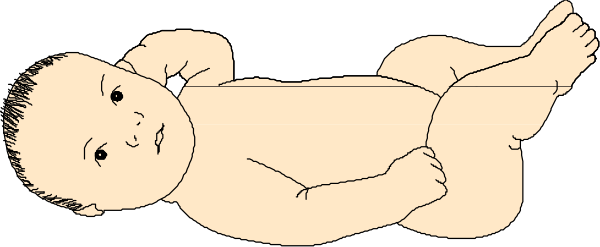 The black and white illustration shows a baby lying on its back with legs bent at knees, holding what appears to be an object in each hand; above them is another figure that seems like it could represent either a parental figure or perhaps just a floating head of someone observing from the top right corner.