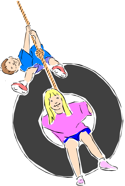 The illustration shows a young boy hanging from monkey bars with his feet on them while another child is sitting atop an oversized tire swing next to him in what appears to be a playground environment.