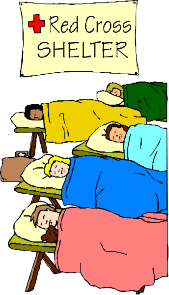 The image shows a cartoon of an emergency shelter with several cots filled with sleeping individuals labeled "Red Cross Shelter."