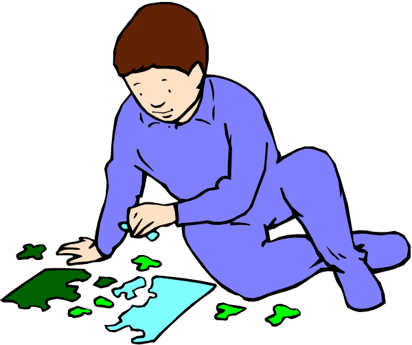 The image shows a cartoon of an animated child sitting on the floor with puzzle pieces around them.