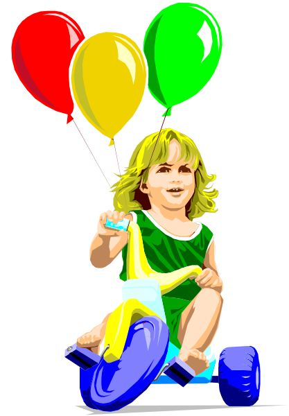 The image shows a young girl sitting on an object that resembles a skateboard with wheels attached to her feet; she is holding three colorful balloons in each hand: red, yellow, green, and blue.