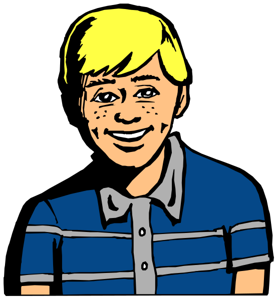 The image shows a cartoon of an animated boy with blonde hair wearing glasses smiling at something offscreen while standing against a dark background in front of what appears to be a window. He is dressed casually, and his attire includes a blue shirt under a striped sweater vest over it.