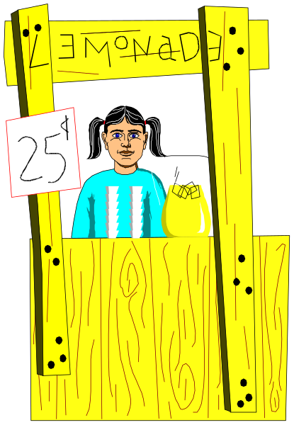 The illustration shows a cartoon of an outdoor lemonade stand with handwritten signs on it that say "Lemonade" in red letters at top left corner and "$25 per gallon." There is one person, who appears to be a young girl or woman standing behind the sign holding what looks like a pitcher. The background suggests she's outdoors during daylight hours with no specific details about her surroundings beyond being under an open sky.