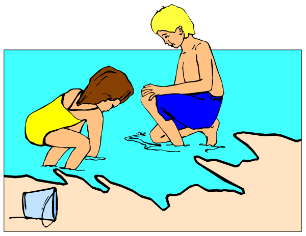 The comic strip shows a young boy sitting on sandy beach with his arm bandaged while talking to an adult female who is kneeling beside him; there's also another child playing in water nearby holding onto something blue, and it appears that both children have been injured as suggested by the presence of cast or splint.