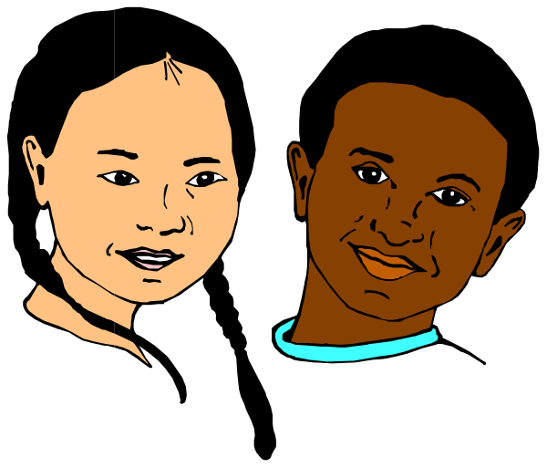 The image shows a black and white illustration of two children with smiling faces; both have dark hair and appear to be looking at something off-camera.