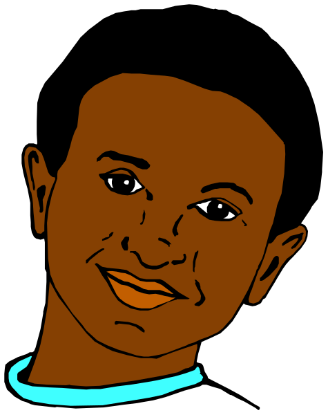 The image shows a black and white line drawing of an animated character with brown hair wearing blue earrings, smiling at something off-frame to their right side in front view perspective.
