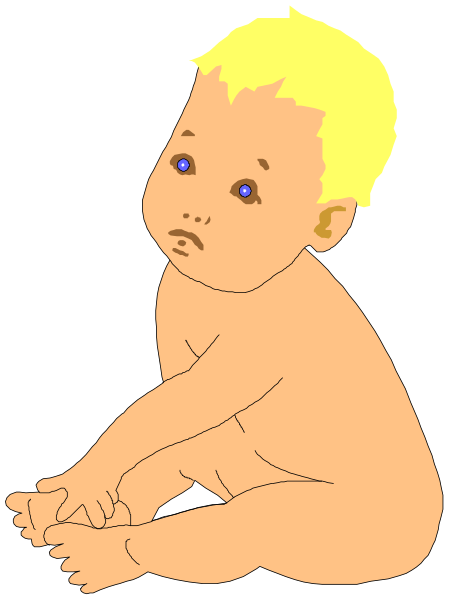 The image shows a cartoon of an infant with blonde hair sitting on its knees indoors.