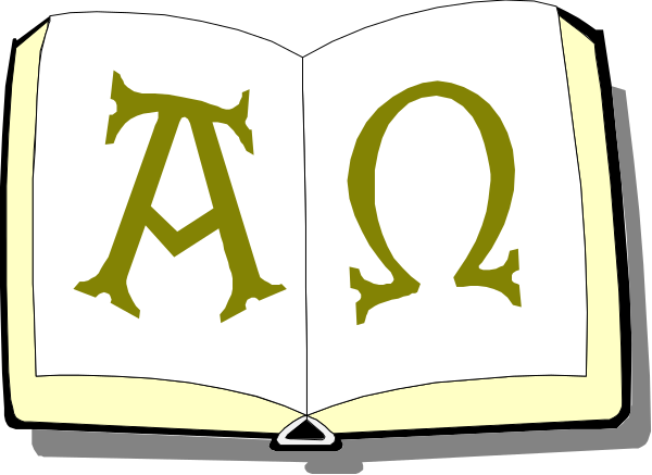 The image shows an open book with a page displaying two symbols: alpha (α) on top of omega (Ω), which is often associated with fraternities like Alpha Omega Pi; below these letters, there's another symbol that resembles a cross or Tau Cross (ΤΑΥ).