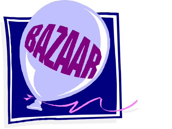 The image shows a cartoon of an advertisement for "Bazar" with balloons floating around it on what appears to be a computer screen displaying this ad.