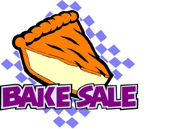 The image shows a logo with text that reads "Bake Sale" on top of an illustration depicting two slices of pie in front of which is a checkmark-like symbol resembling a pastry, all set against a dark background and framed by white borders.