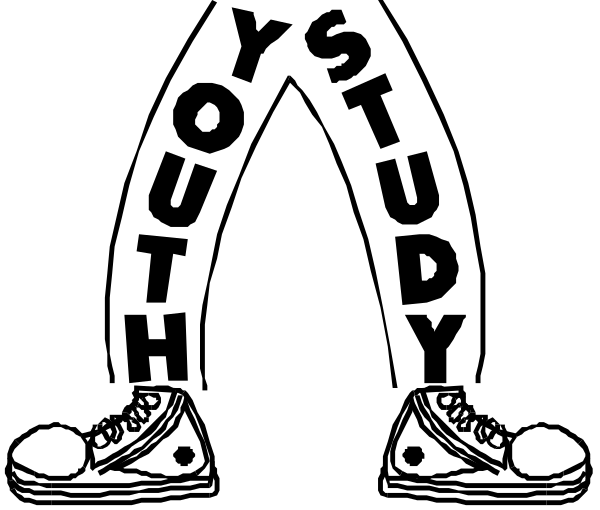 The black and white silhouette of a person wearing shoes with shoelaces tied together against an indistinct background.