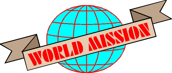 The image shows a stylized globe with text around it that reads "WORLD MISSION" on top of an illustration resembling a stamp-like border design in red and blue hues, suggesting travel or global reach.