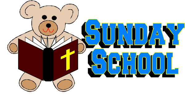 The image shows a cartoon of an animated teddy bear standing next to text that reads "Sunday School."