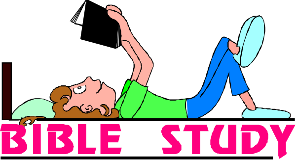 The image shows a cartoon of an animated girl lying on her stomach with legs stretched out behind her while reading from what appears to be a book in front of her. She is wearing blue jeans and has brown hair, which stands upright atop her head. Above this scene, there's text that reads "BIBLE STUDY." The background color transitions smoothly between black on the left side and pinkish-purple towards the right edge where a small portion of another figure can be seen with their back to us; they are wearing blue jeans as well but only from midsection up