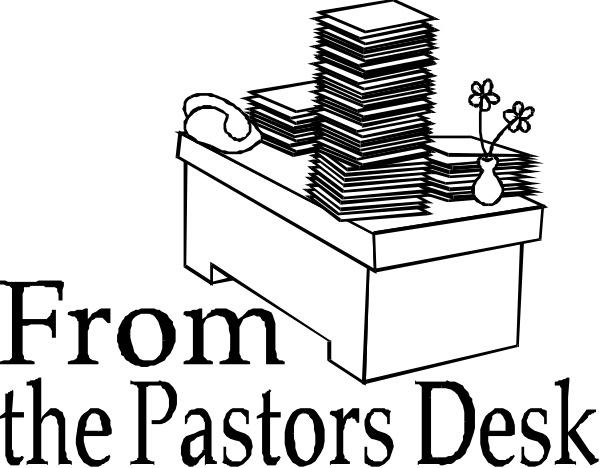 The black and white illustration shows a cartoon of an office desk with stacks of papers on it next to what appears to be a computer monitor displaying more paperwork.