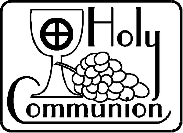The logo of a church named "Holy Communion" with an illustration that includes grapes on top left corner, wine glass in center right, bread loaf at bottom middle, cross symbol above it all and text reading 'holy communion' below it.
