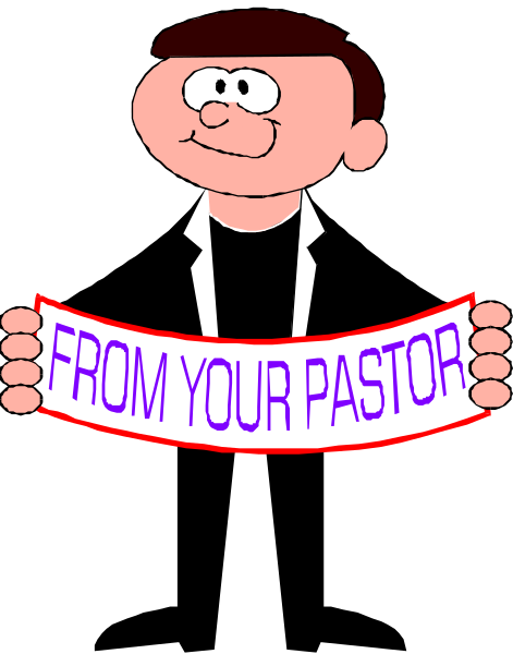The image shows a cartoon character holding up a sign that reads "From Your Pastor."