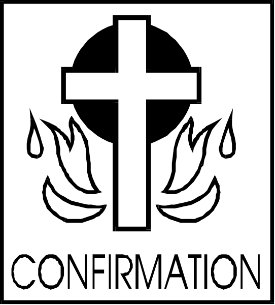 The image shows a black cross with flames at its base inside an emblem that resembles a shield shape. Above this symbol is text reading "CONFIRMATION."