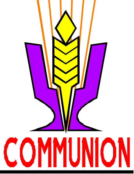 The image shows a logo with text that reads "COMMUNION" at the bottom of an emblem featuring three vertical lines in different shades of purple against a black background on top left corner; below these, there is stylized wheat and two horizontal bars resembling ears or leaves to right.