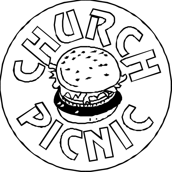 The black and white illustration features two circular images with text around them: "CHURCH PICNIC" is written in a stylized font on one circle at top left corner; below it, there's an image of a hamburger inside another larger burger bun.