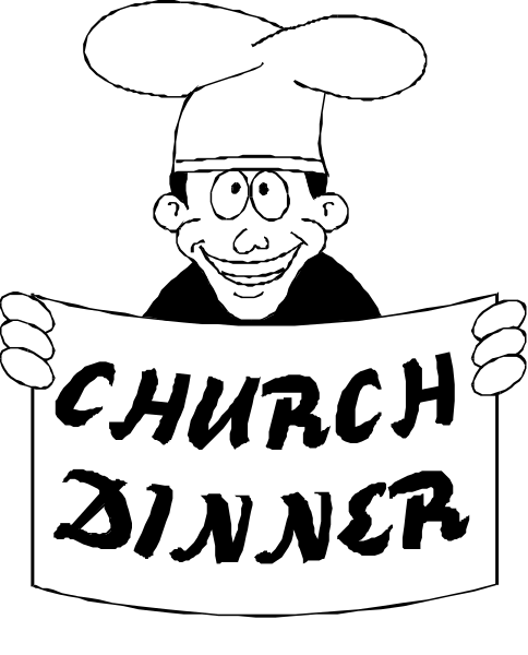 The black and white cartoon features a chef's hat with an eye patch on it holding up a sign that reads "CHURCH DINNER."