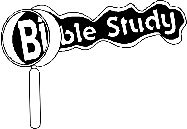 The image shows a black and white illustration of two magnifying glasses with text on them that reads "BIBLE STUDY" in bold letters atop each glass; one has an additional word "DIG DEEPER."