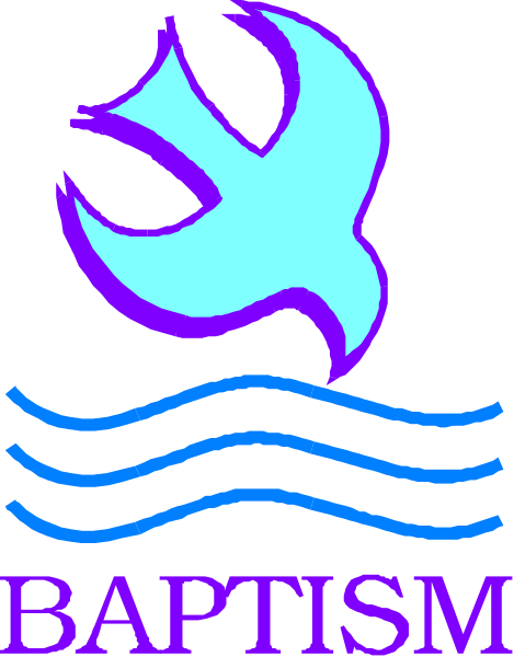 The image shows a logo with text that reads "Baptism" at the bottom of an emblem featuring a bird above water waves on either side; it is set against a blue background.