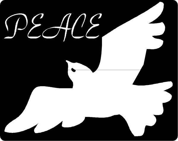 The black and white silhouette of a bird with wings spread flying over text that reads "PEACE."