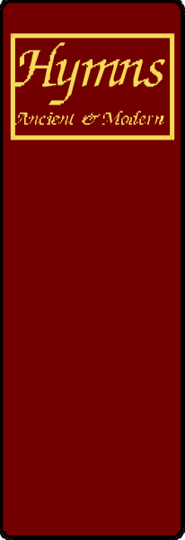 The image shows a red book with white text that reads "Hymns" on it against a gray background.