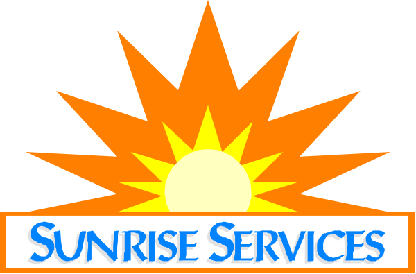 The image shows a logo with text that reads "SUNRISE SERVICES" at the top of an orange sunburst graphic against a blue background; below it is another line of smaller white lettering reading "SERIES OF SOLUTION CENTERS."