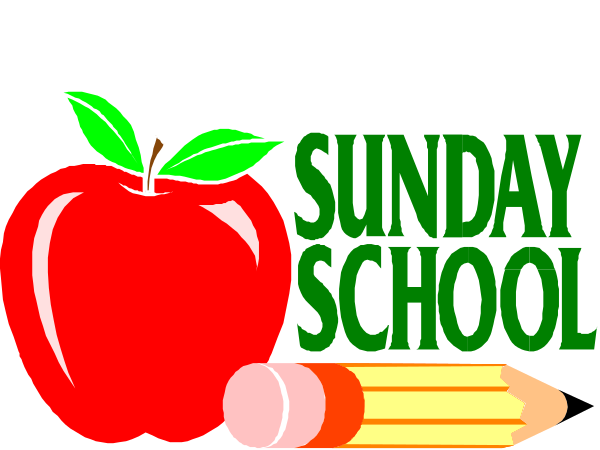 The logo of a Sunday School program with an apple on top representing knowledge, pencil below for learning tools, book next to it symbolizing education materials, and school bus in front suggesting transportation services provided by this institution.