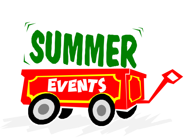 The image shows a cartoon truck with text that reads "SUMMER EVENTS" on it against an abstract background featuring what appears to be summer-themed elements like suns and waves in various shades of green, yellow, red, blue, black, white, gray, brown.