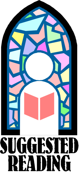 The image shows a stained glass window with an illustration of a person holding a book inside it against a dark background.