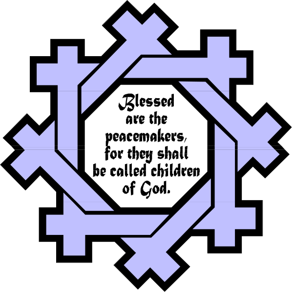 The image shows a black and white illustration of two interconnected crosses with an open book between them on what appears to be a dark background.