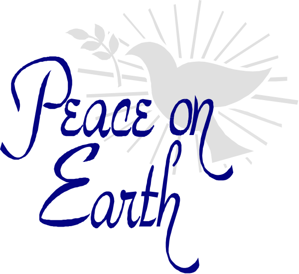The image features a black background with white text that reads "Peace on Earth" at the top of an illustration depicting two doves in flight above a cross symbolizing Christianity. Below this is another line of blue cursive script reading "Prayer on Peace."