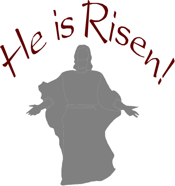 The image shows a black and white graphic with two panels featuring silhouettes of figures that appear to be religious icons: on top is an icon representing Jesus Christ in his traditional pose as depicted by Renaissance artists, while below it appears to represent Mary Magdalene or another female figure also commonly associated with Christian art. The background has a banner at the bottom displaying text "He Is Risen" and above that phrase are two hands raised upwards towards each other forming an 'X' shape over their heads.