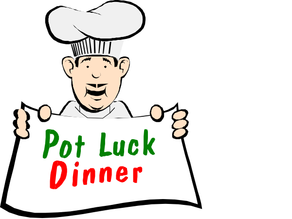 The image shows a cartoon of two chefs holding signs with text that reads "Pot Luck Dinner."