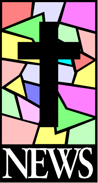 The image shows a stylized cross with colorful glass pieces forming its shape within an abstract background that resembles shattered glass in various hues of blue, green, yellow, pink, red, orange and purple. Below this artwork is text reading "NEWS" on the left side against a darker backdrop which appears to be black or very deep grey with white outlines suggesting it could represent newspaper columns or pages. The overall style suggests that this image may serve as an icon for news media content related to religious topics, given its Christian symbolism and placement within what seems like