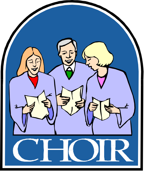 The image shows a colorful illustration of three choir members standing together with sheet music open before them; above their heads is text that reads "CHOIR."