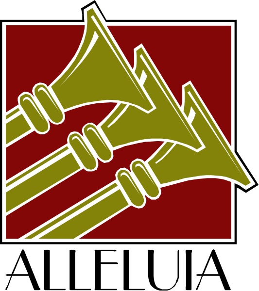 The image shows a graphic of two trumpets crossed over each other with an arrow pointing between them on what appears to be a red background within a square border that has white stripes at its corners.