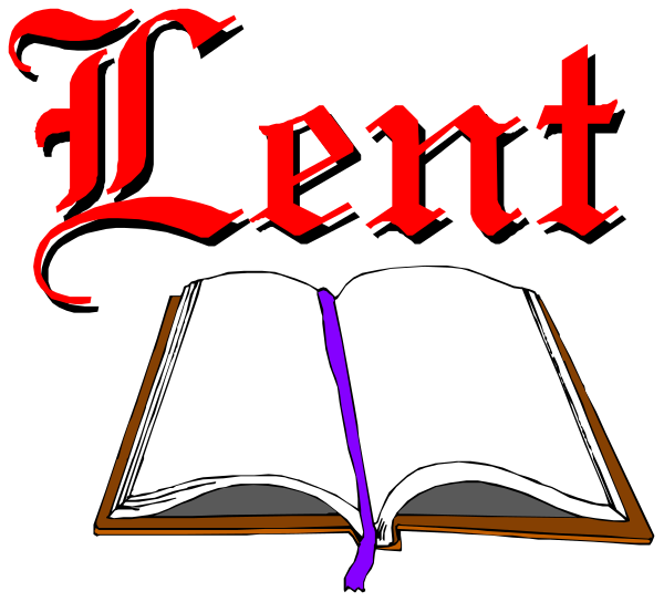 The image features a graphic representation of an open book with text that reads "Lent" on it, placed next to what appears to be a stylized depiction of a Bible cover in red hues atop which is written "Easter."