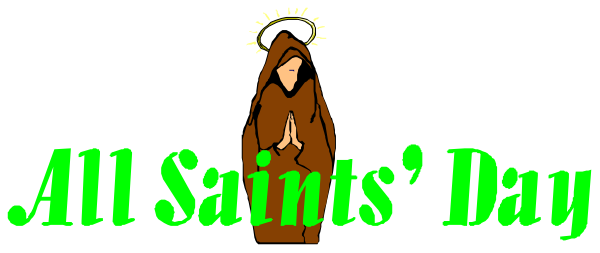 The image shows a cartoon of an animated character dressed as St. Patrick's Day with text that reads "All Saints’ Day" in green letters on top right corner against blue background; below it, there is another line of white and black lettering stating "St. Patricks' Day."