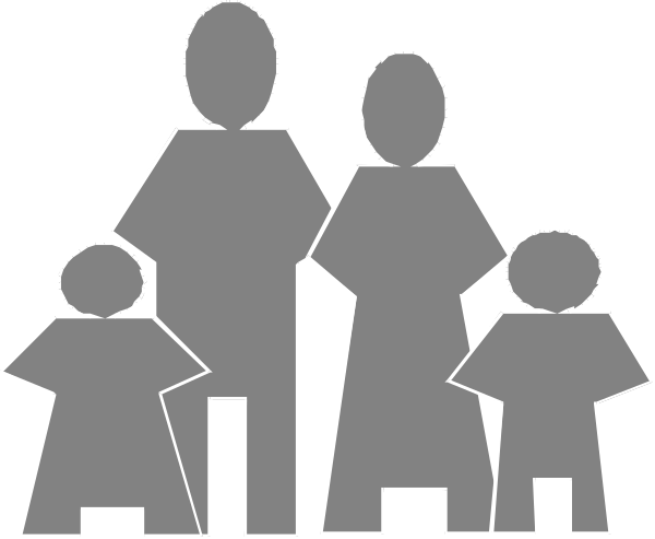 The black and white silhouette of a family standing together with their backs to each other against an indistinct background.