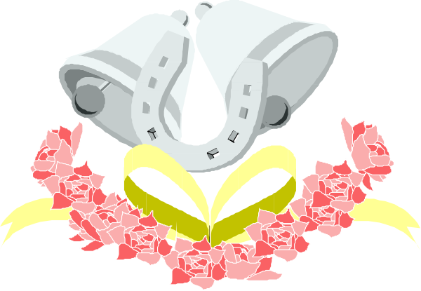 The image shows a graphic with two white shoes crossed over each other atop what appears to be an arrangement of red flowers on either side; there is no text present in this clip-art illustration.