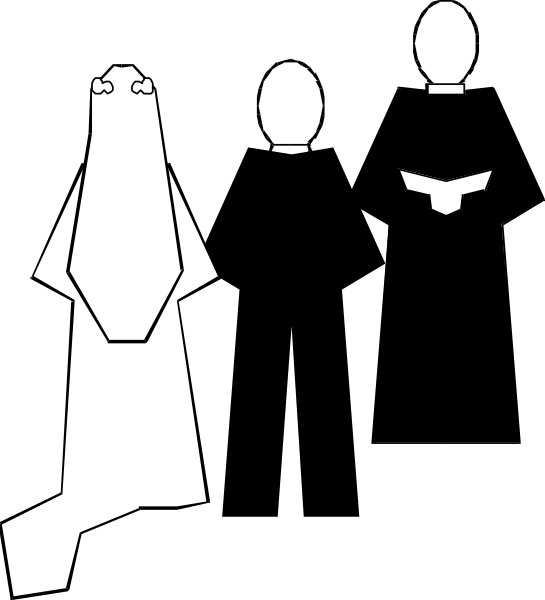 The black and white illustration shows three figures: a person with an egg head on top of their body standing to the left; another figure in religious attire facing away from us towards the right side of the image, also known as "the Pope"; and a third character resembling a ghost or skeleton-like creature positioned between them. The setting is indistinct but appears to be an interior space with no specific details provided about it.