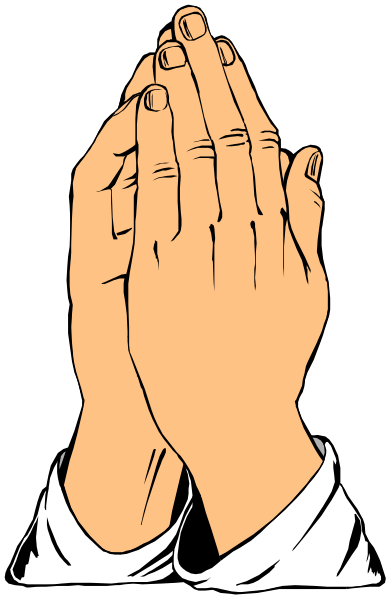 The image shows a black and white illustration of two hands clasped together with fingers interlocked over each other against a dark background; above them is an upward-pointing hand forming what appears to be a prayer gesture, suggesting supplication or worship.