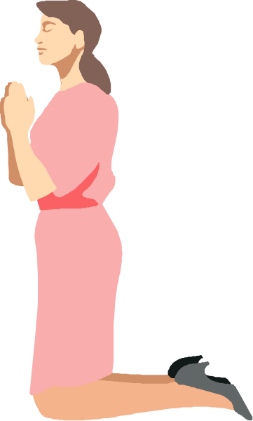 The image shows a woman kneeling on her knees with hands clasped together as if praying; she is wearing a pink dress and has dark hair tied back from her face.