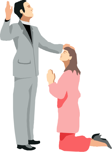 The illustration depicts a man standing next to another person who appears to be kneeling down with their head bowed in prayer while holding hands together as if praying for them. Both individuals seem to be dressed formally, and there is no text present within this image.