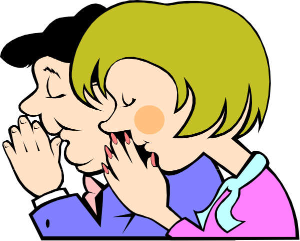 The cartoon shows a man with his mouth open as if he's speaking to another person who is covering their face in embarrassment while holding onto them from behind. They appear surprised by what the first character has said, and both characters seem to be indoors during daylight hours.